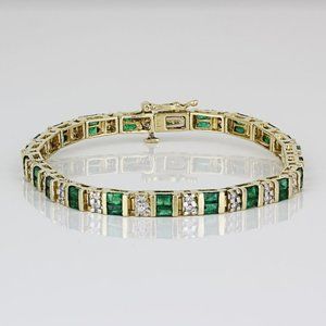 Vintage 14k Yellow Gold Baguette Emerald + Diamond Anniversary Bracelet